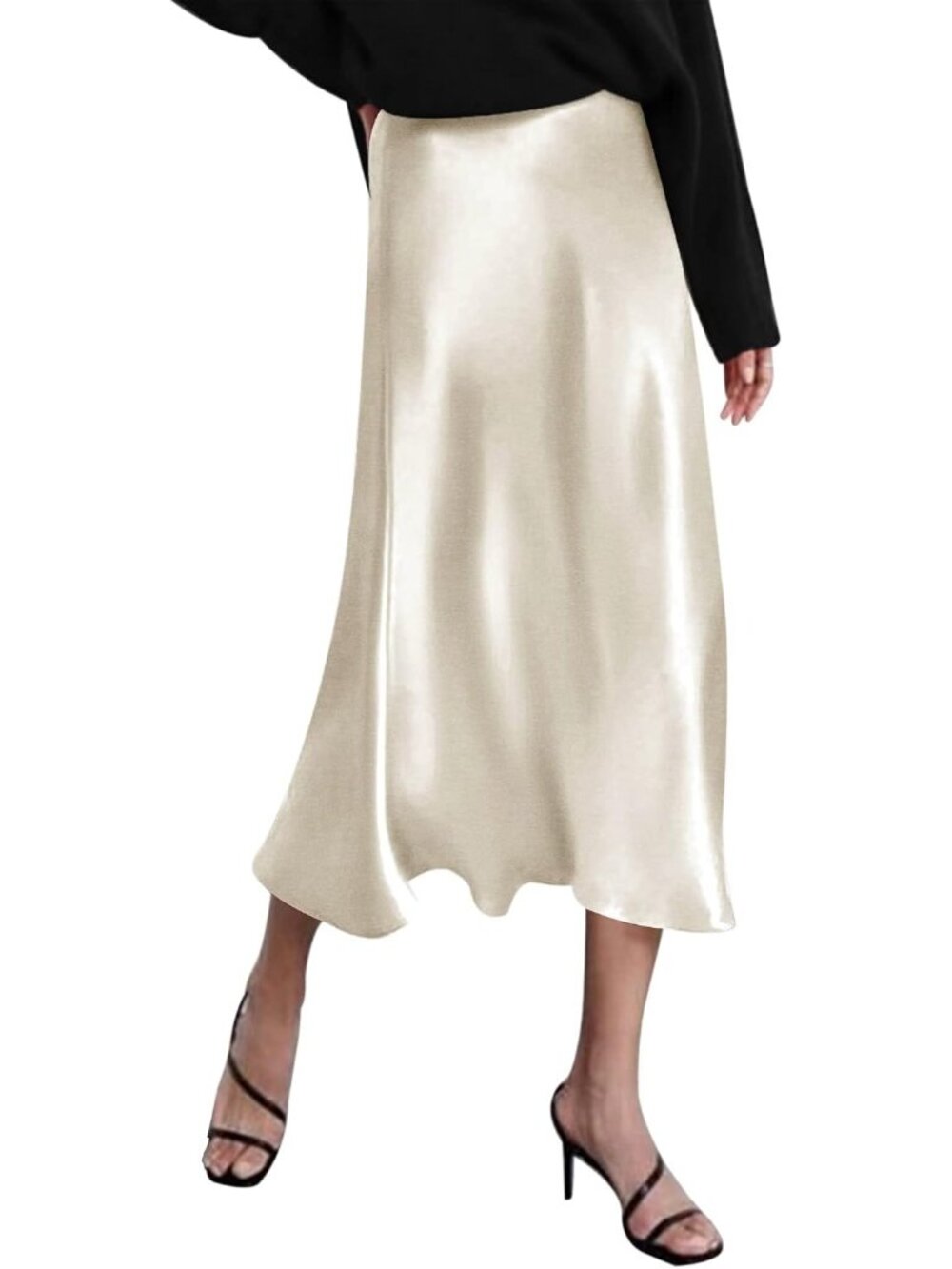 Women Pastel High Waisted Solid Satin Dress Zipper Silky Slip A-Line Midi Skirt